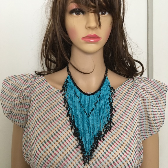 Handmade Jewelry - Turquoise & Black Glass Seed &  Multi Strand Boho Handkerchief Necklace